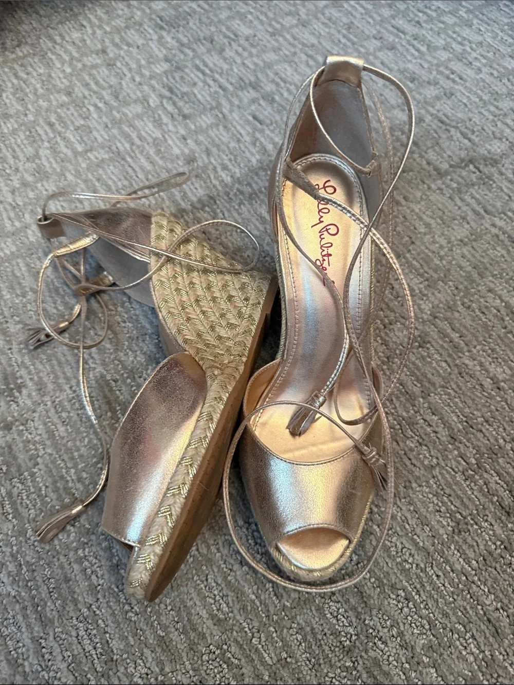 Lilly Pulitzer Metallic Gold Lace-Up Peep-Toe Wedges